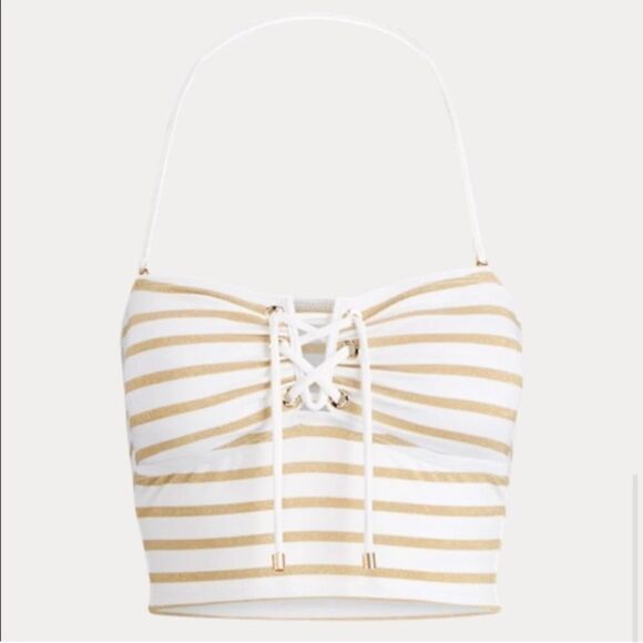 NWT Lauren Ralph Lauren Gold Stripe Tie Top - Picture 4 of 8